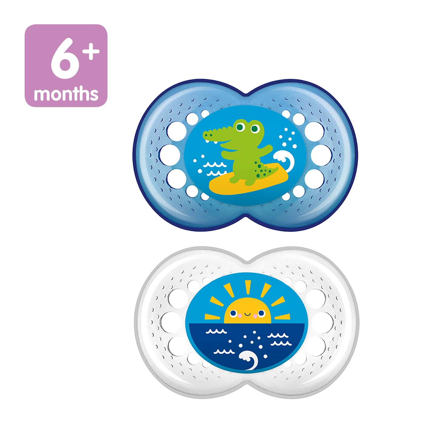 MAM Original Baby Pacifier, Nipple Shape Helps Promote Healthy Oral Development, Sterilizer Case, 2 Pack, 6-16 Months, Crystal/Boy