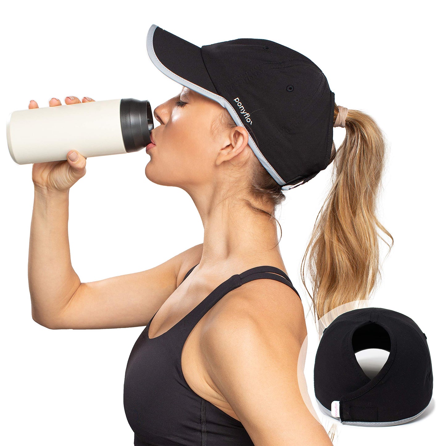 Ponyflo 360 Reflective Performance Ponytail Running Hat, Patented Women’s High Ponytail Baseball Cap, Black