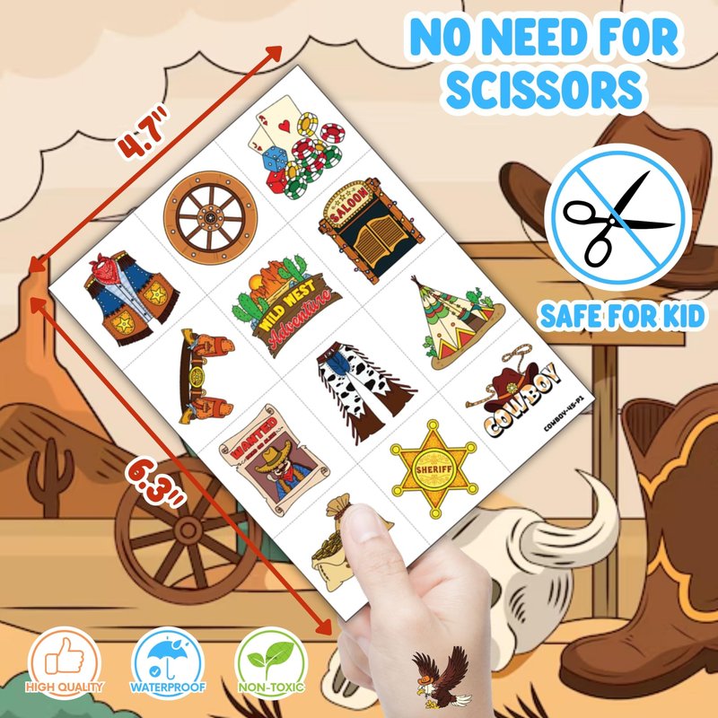 72 PCS Cowboy Party Favors for Kids – 48 Pre-Cut Temporary Tattoos & 24 Cowboy Punch Balloons Themed Birthday Party Decorations Supplies Favors Gifts, Goodie Bag Fillers, Classroom Rewards