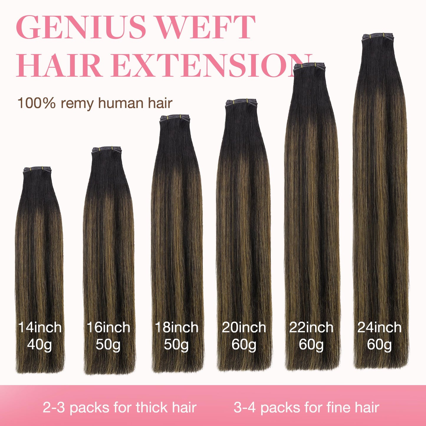 GOO GOO Genius Human Hair Sew-In Extensions, Rooted Remy Weft, 2/6/2 Balayage Dark Brown To Chestnut Brown, 14 Inch, 40g, Hand-Tied
