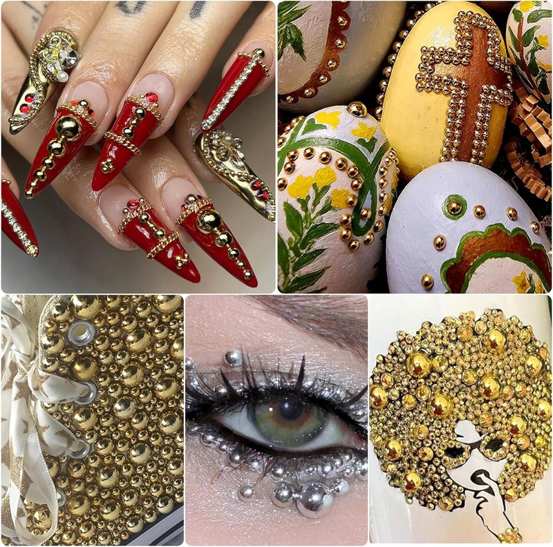 Nail Pearls - Gold & Silver Half Round Flatback Charms for Nail Art | Multi Size DIY Crafting Tools