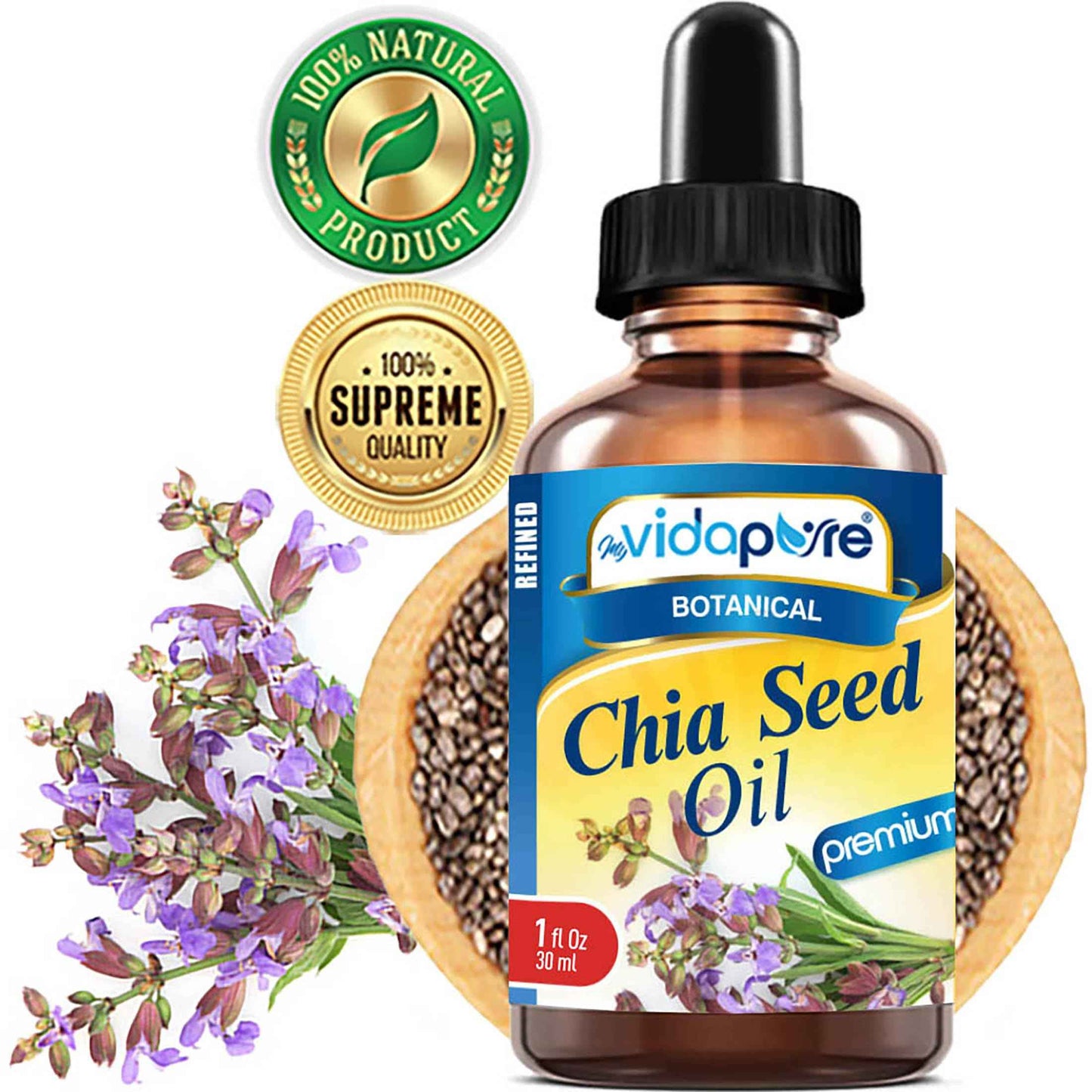 MYVIDAPURE CHIA SEED OIL Pure Natural Undiluted Refined Cold Pressed Carrier Oil for Skin, Face, Hair, Lip and Nail Care Anti-Aging (1 Fl Oz)