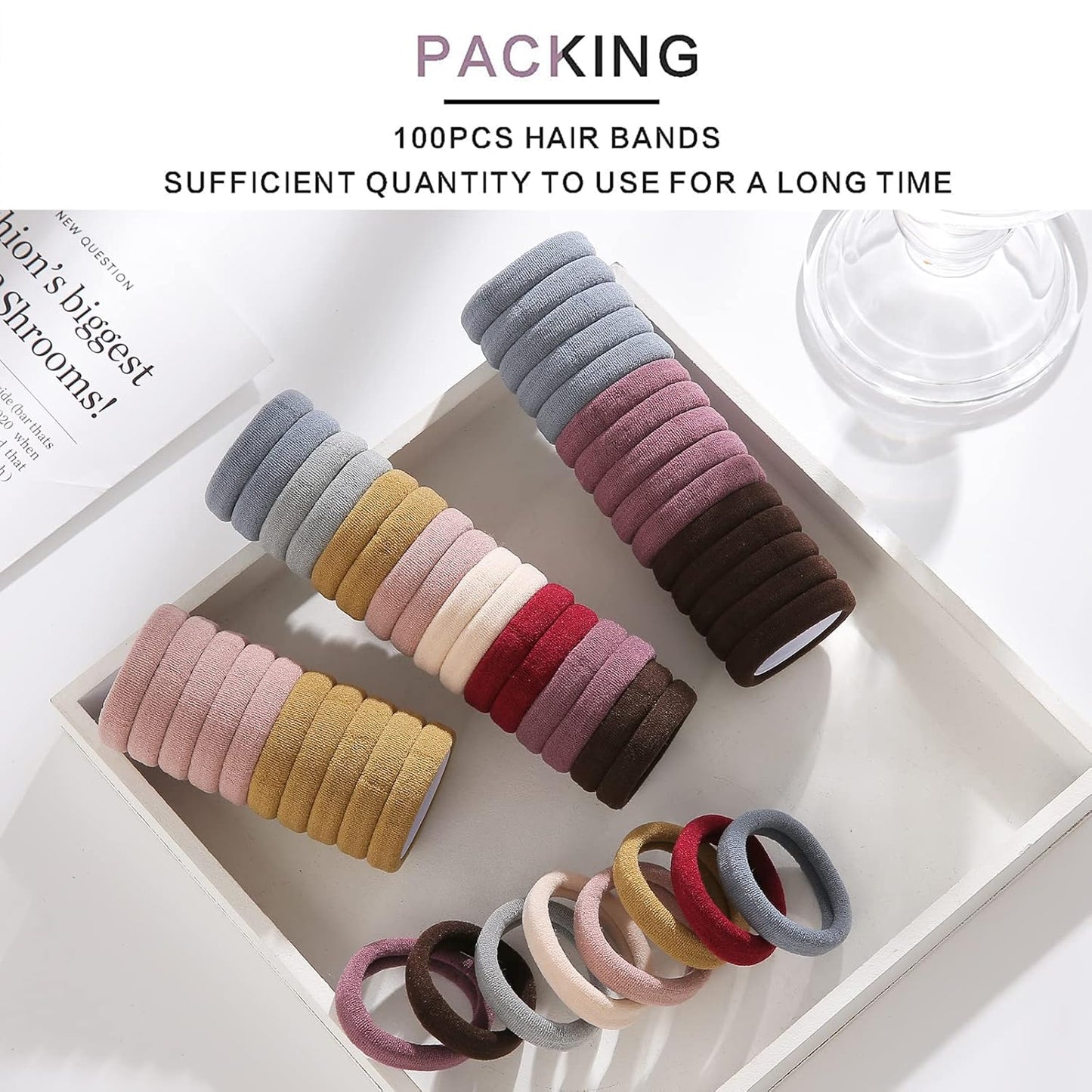100PCS Black Hair Ties for Women, No Crease No Damage, Seamless Cotton Bands for Thick Thin Hair, Soft Ponytail Holders, Accessories for Girls