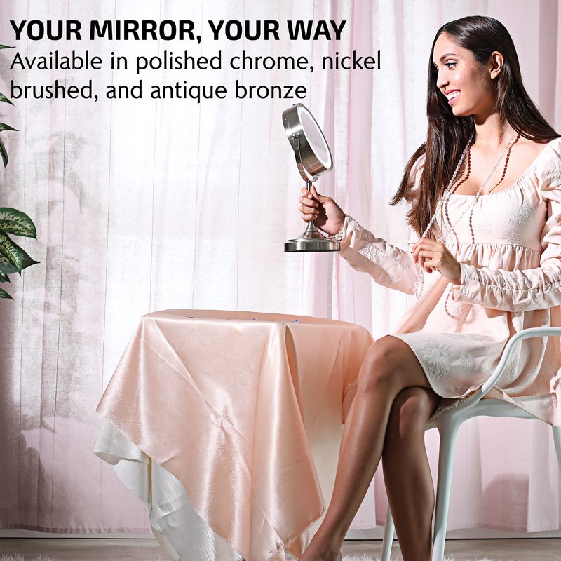 OVENTE 7'' Lighted Makeup Mirror with 1X/7X Magnification, Cordless Tabletop Mount Vanity Mirror with 360° Swivel Design & Double Sided Glow Cosmetic White LED Ring Light, Nickel Brushed MCT70BR1X7X