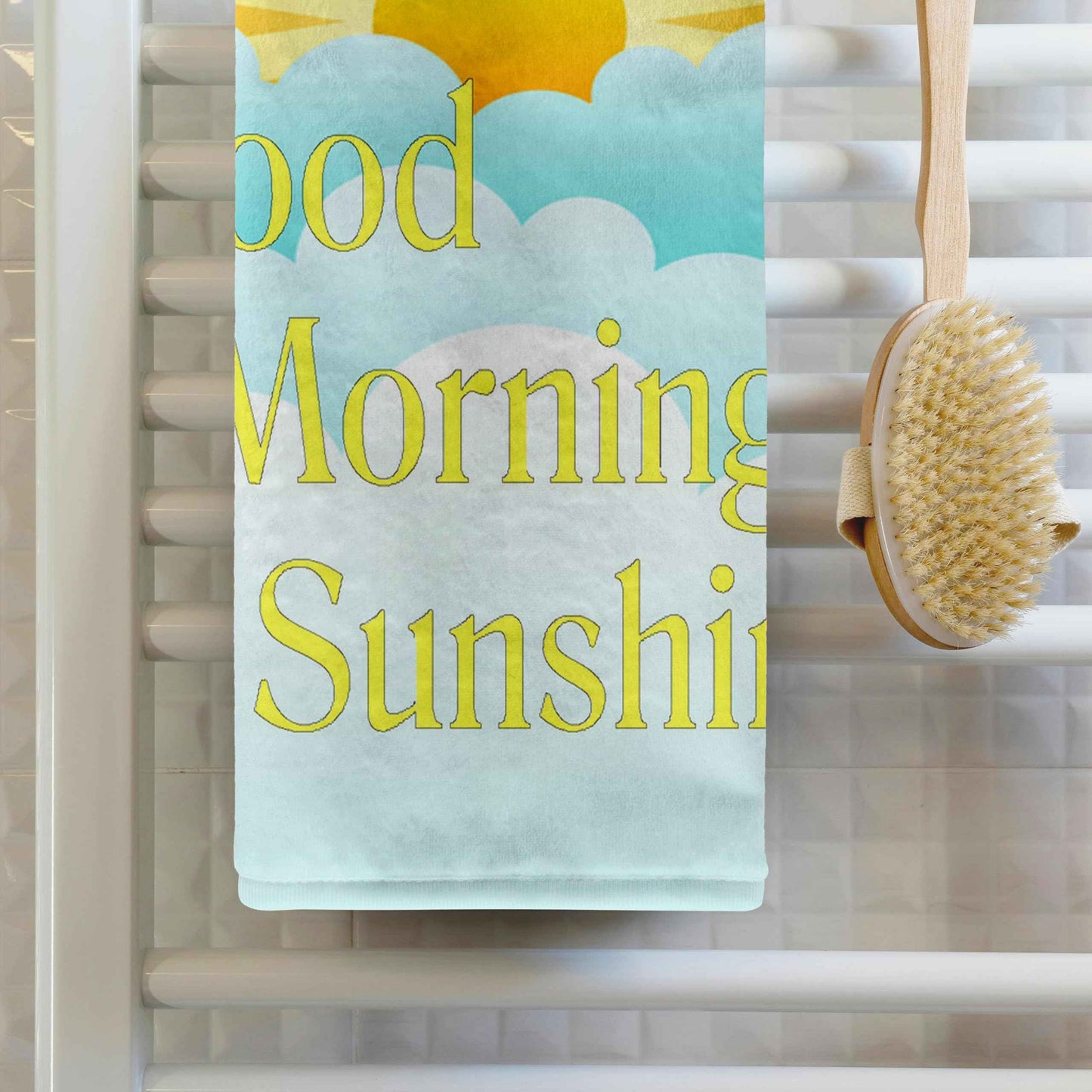 3D Rose Image of Good Morning Sunshine Cartoon Sun and Clouds Hand Towel, 15" x 22"