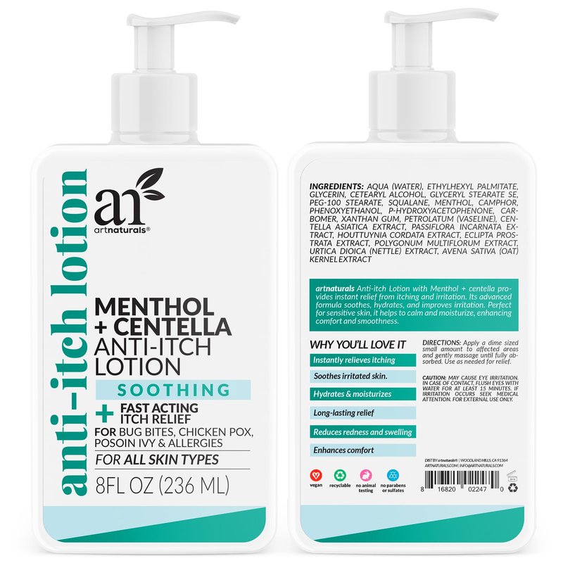 Artnaturals Anti-Itch Lotion with Menthol & Centella – Soothing Relief for Bug Bites & Minor Skin Irritations – Fast-Absorbing, Non-Greasy Hydrating Lotion – 8 fl oz (2-Pack)