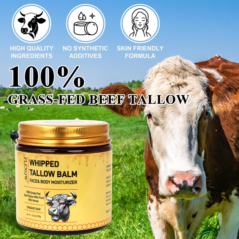 FLEXQW Organic Raw Whipped Tallow Balm | 7X Moisturizing Grass Fed Beef Tallow Face & Body Moisturizer with Wild Honey, Beeswax | Skin Repair for Dry Sensitive Skin, Hands & Feet | 4.2 oz/120g 2Pack