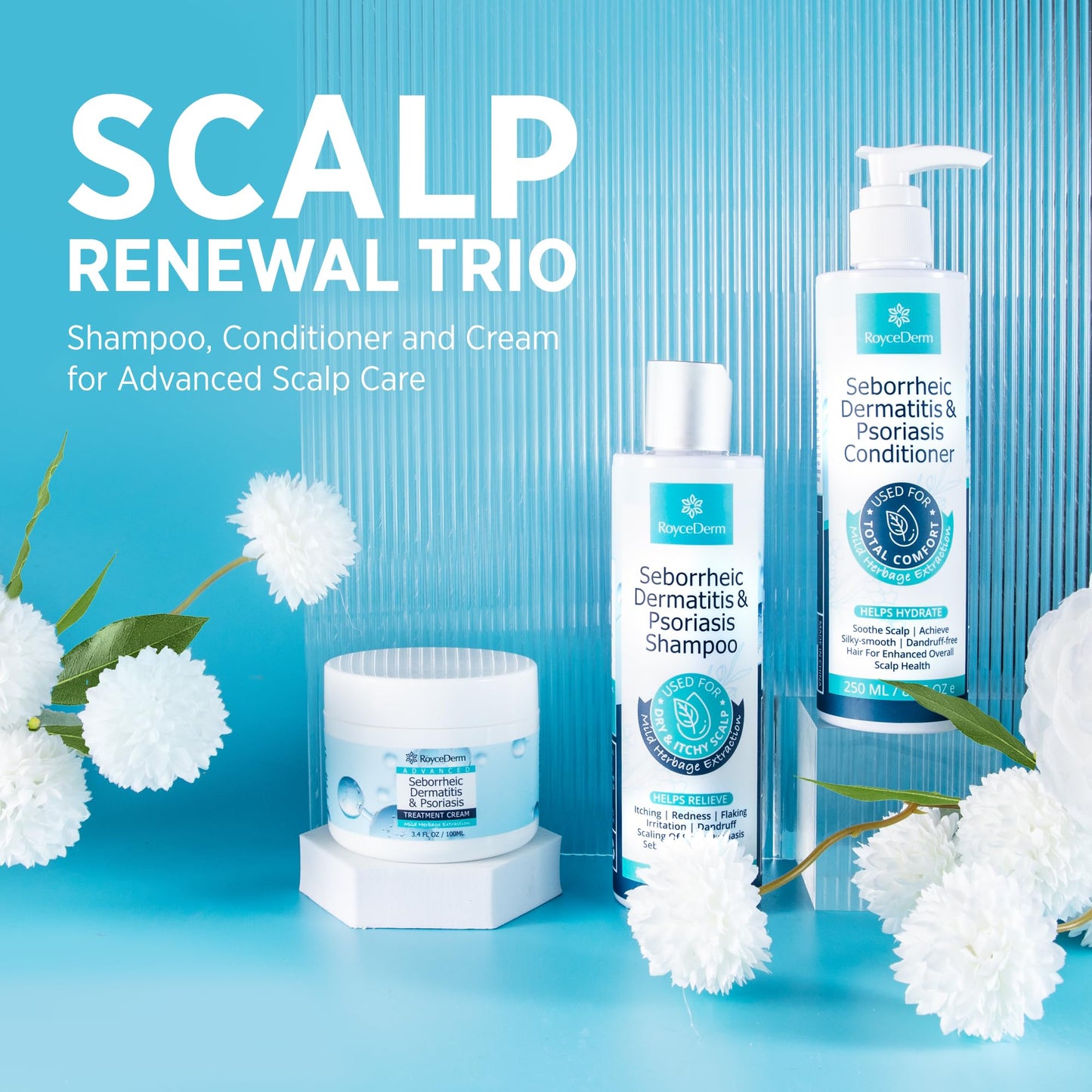 Roycederm Seborrheic Dermatitis & Psoriasis Shampoo and Conditioner Set - Effective Scalp Treatment for Folliculitis, Psoriasis, Dandruff, Dry Itchy Scalp - Soothing, Moisturizing Herbal Formula