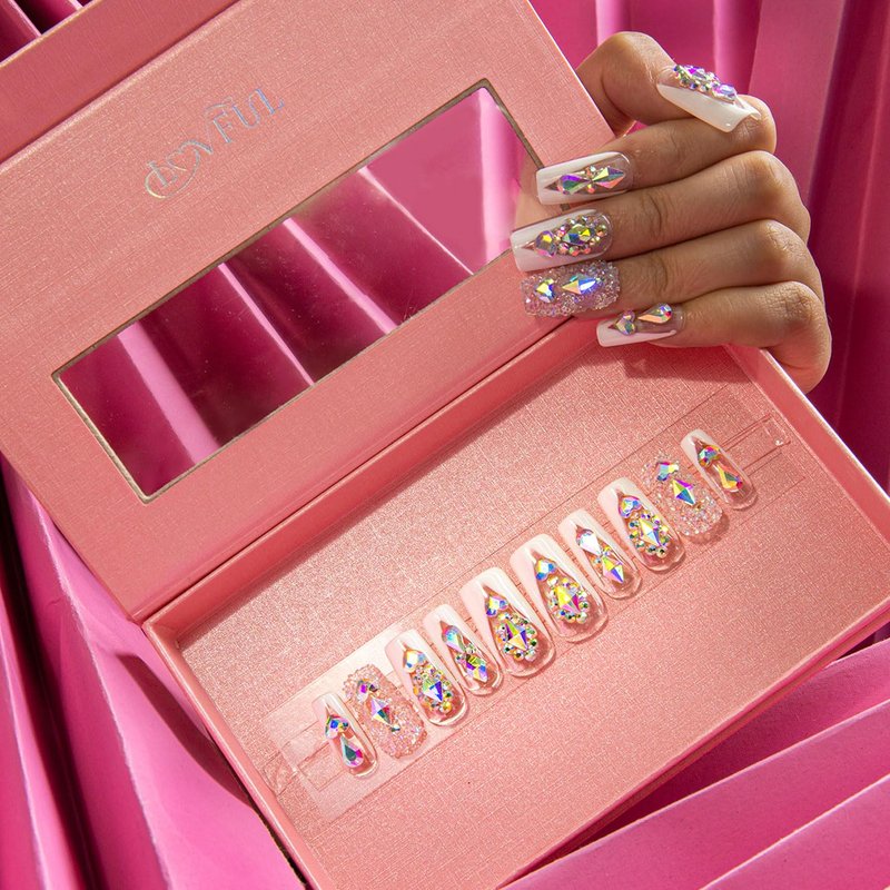 LOVFUL Press on Nails Candy Diamonds & White French Tip | Handmade with Full Covered Crystals | Reusable Fake Nails | Square Regular 1.0 in | H36-L