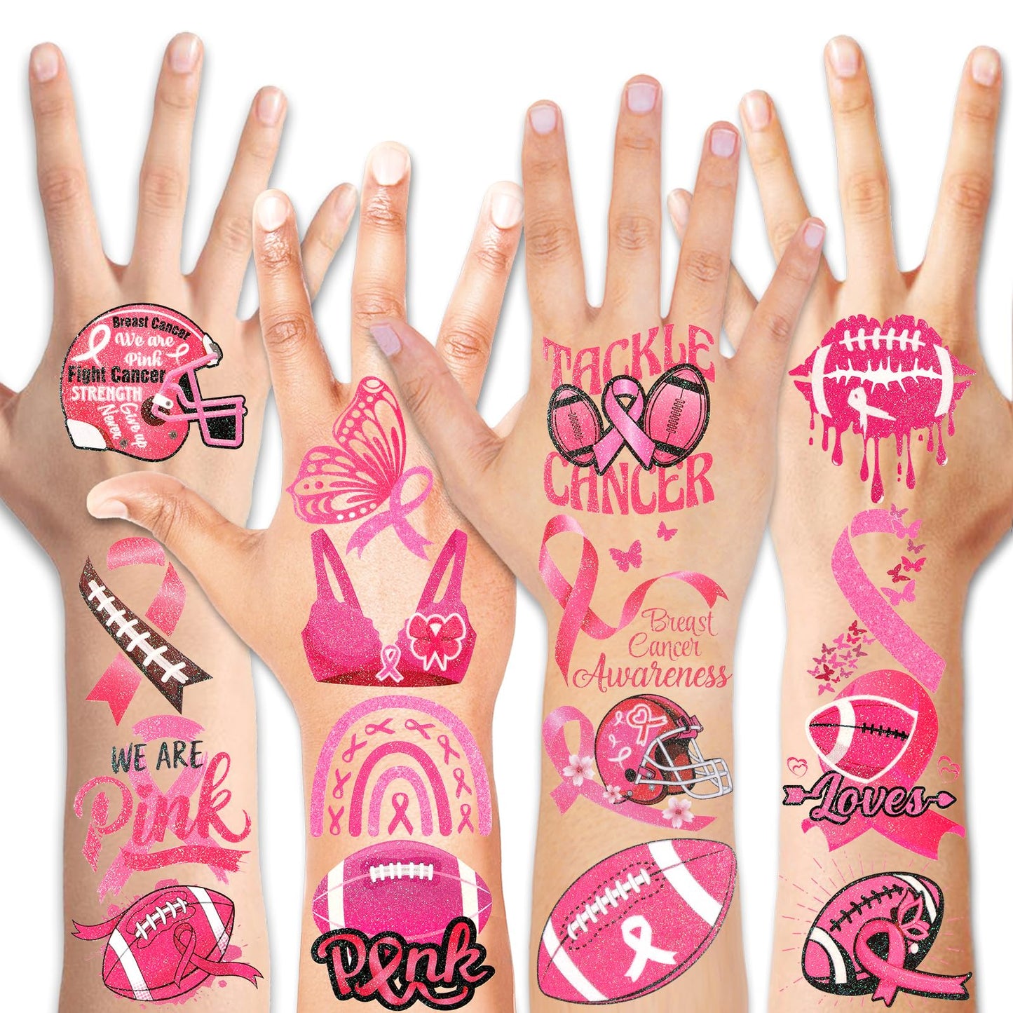 HOWAF 72pcs Breast Cancer Awareness Temporary Tattoos, Glitter Pink Out Football Tattoos, Football Pink Ribbon Themed Tattoos Stickers for Breast Cancer Month Charity Event Supplies Favors