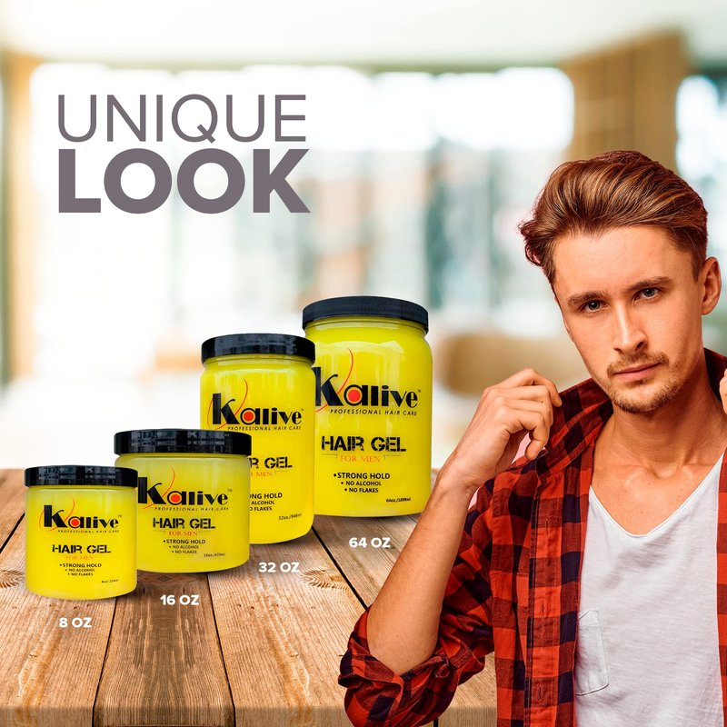 KALIVE Men's Hair Styling Gel 16 oz, (2-pack), Strong-Hold and Light Shine all day, Mens Hair Product fresh scent No Flaking or Alcohol