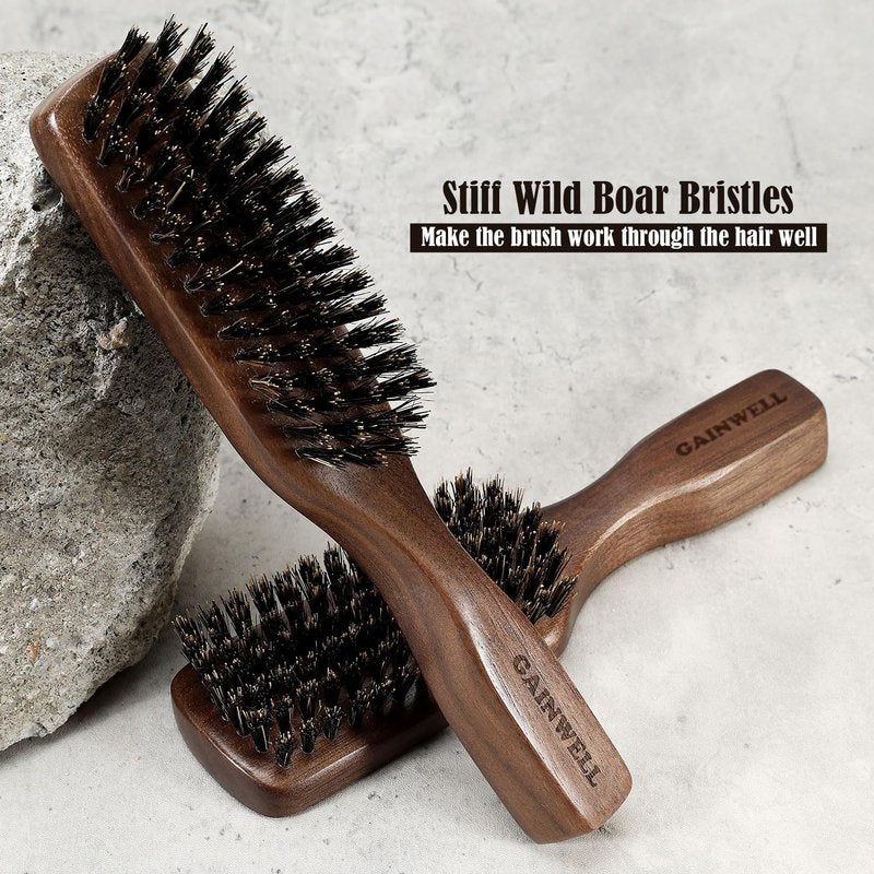 GAINWELL Wild Boar Bristle Hair Brush for Men, Slick Back Hair Brush with Stiff Boar Bristles for Thick Hair, Natural Black Walnut Wooden Handle Hairbrush, Beard Mustache Brush - Large