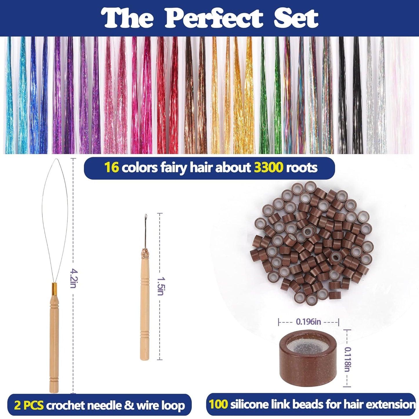 16 Colors Hair Tinsel Kit, ELASO 48 Inches 3300 Strands Tinsel Hair Extensions, Fairy for Christmas Halloween Cosplay Party, Highlights Sparkling Glitter Hair