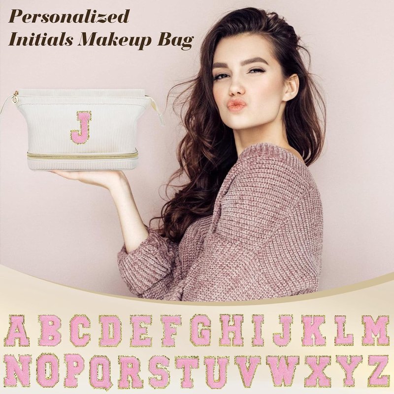 Makeup Bag for Girls Gift, Personalized Valentines Day Gifts Initial Women Makeup Bag for Travel, Double Layer Cosmetic Bag with Brush Organizer Preppy Make up Bag for Teen Girl Trendy - M