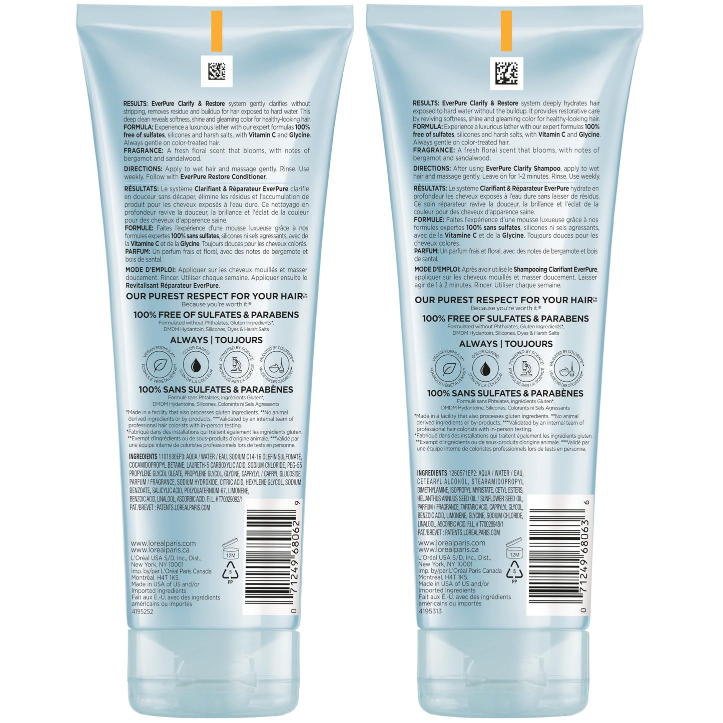 L'Oreal Paris Clarify and Restore Sulfate Free Shampoo and Conditioner Set with Antioxidants for Hard Water Exposure and Styling Build-up, EverPure, 1 Hair Care Kit