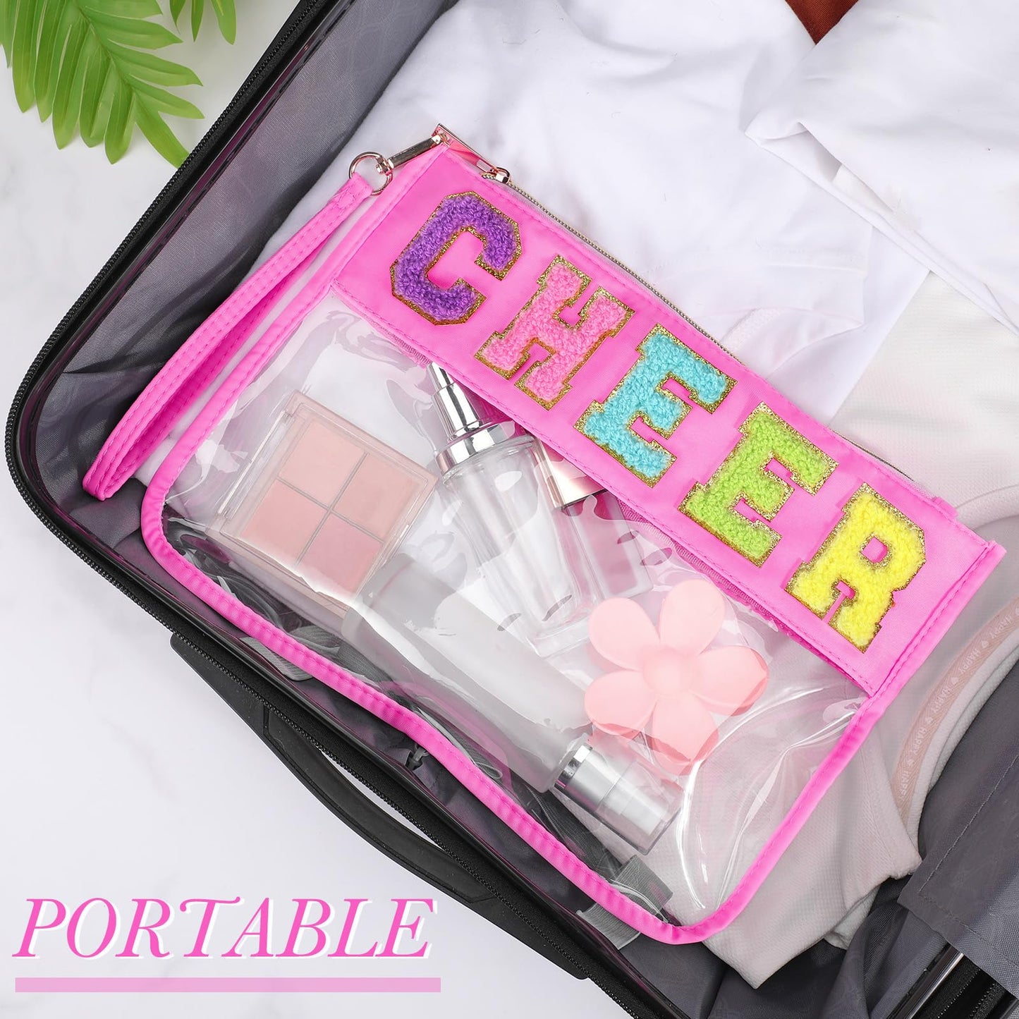 Abbylike 12 Pcs Cheer Bags Cheerleaders Gifts Chenille Letter Makeup Bag Clear Snack Bag with Zipper Waterproof Travel Cosmetic Pouch Bulk for Team Cheerleading Women Mom(Pink)