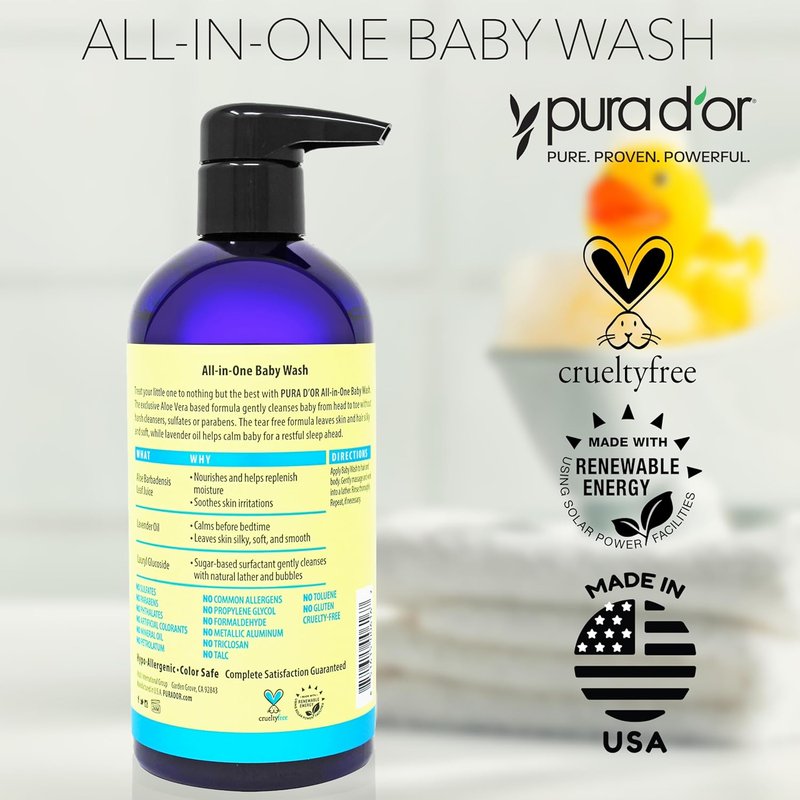 PURA D'OR Calming Baby Wash & Shampoo - Tear-Free, Sulfate-Free, Natural Aloe Vera | 16 Oz