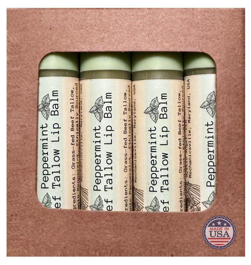 Moisturizing Tallow Lip Balm 4 Pack, Enriched with Natural Botanicals, Heals & Protects, Made in USA (Peppermint)
