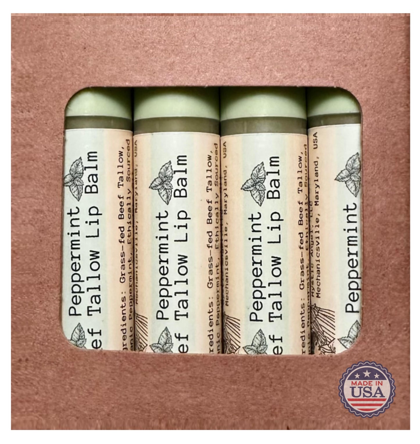 Moisturizing Tallow Lip Balm 4 Pack, Enriched with Natural Botanicals, Heals & Protects, Made in USA (Peppermint)