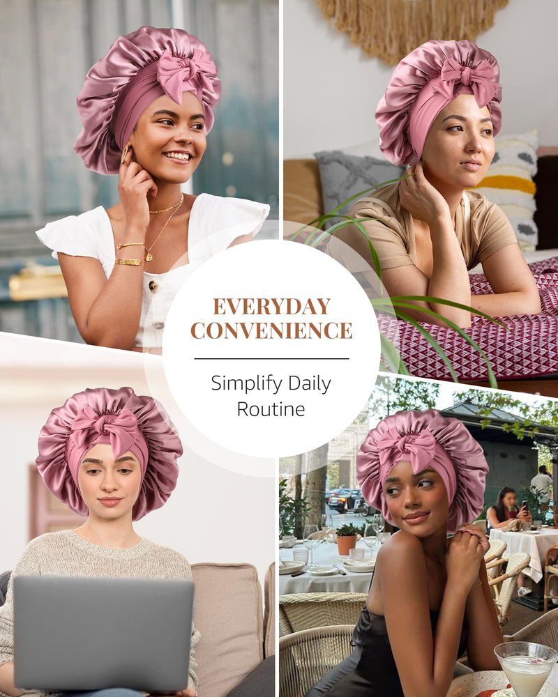 Silk Bonnet 100% Mulberry Hair Bonnet for Sleeping Women Hair Wrap with Elastic Band Sleep Night Cap(Bean Paste)