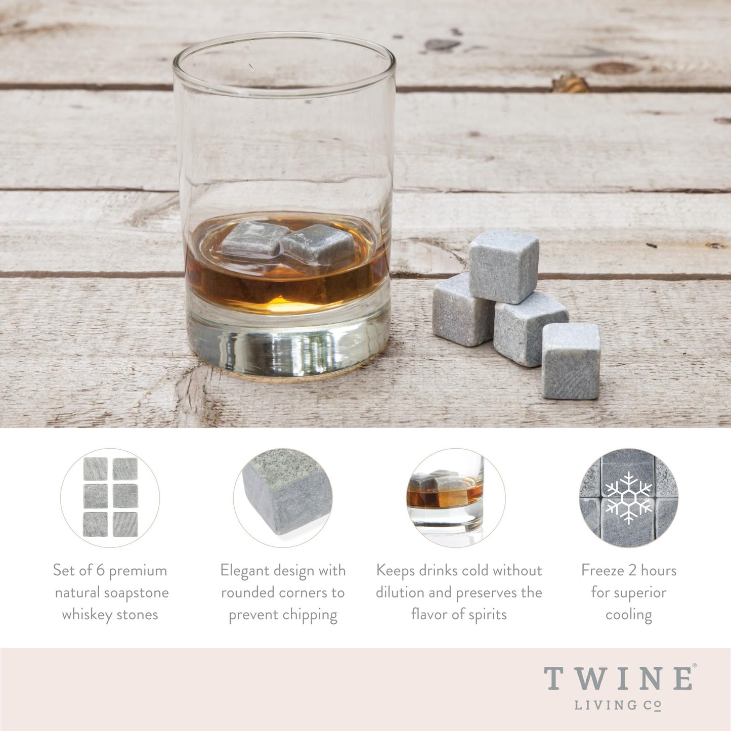 Twine Cooling Stones, Glacier Bourbon Whiskey Rocks, Reusable Ice Cubes, Whiskey Stones Set, Barware, Bar Accessories, Bar Tools, Set of 6, Grey