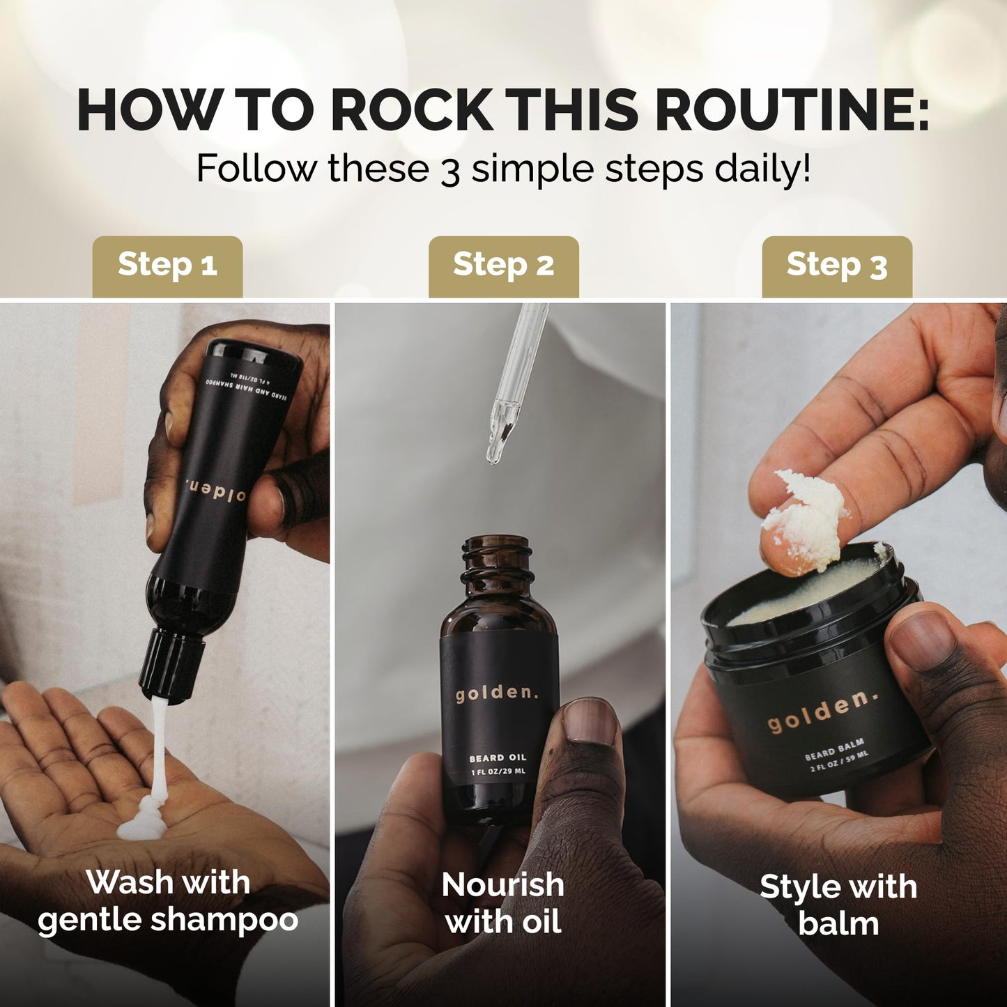 Golden Grooming Beard Bundle (Regular Starter Kit) 4oz Shampoo, 2oz Balm, 1oz Oil - Spicy Grove