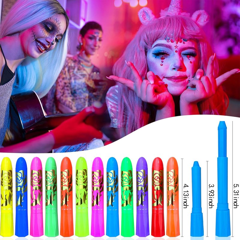 Glow in the Dark Face Body Painting, Glow Blacklight Face & Body Paint Makeup, Mardi Gras Halloween UV Crayon Kit Black Light Birthday Party Camouflage Party Supplies (24 color)