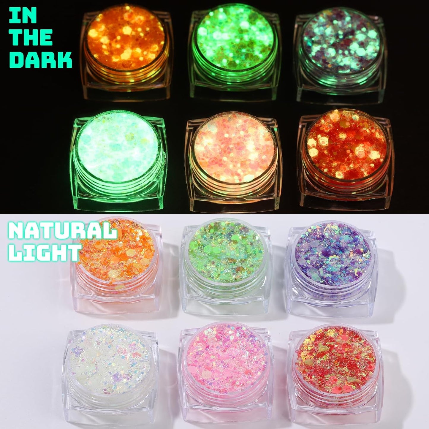 Teenitor 6 Colors Glow in The Dark Glitter Gel, Face Glitter Gel, Body Glitter Hair Glitter for Halloween Makeup UV Black Light Party Cheer Raves Festivals