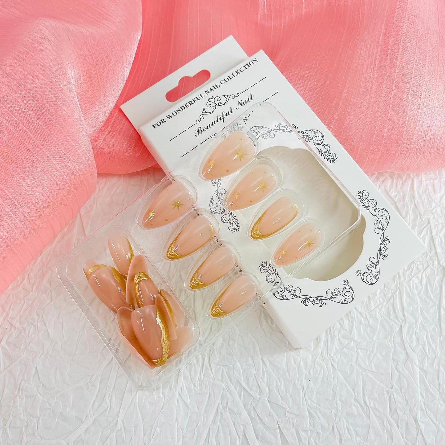 French Tip Almond Press-On Nails with Gold Bow | Reusable Glossy Acrylic False Nails for Women