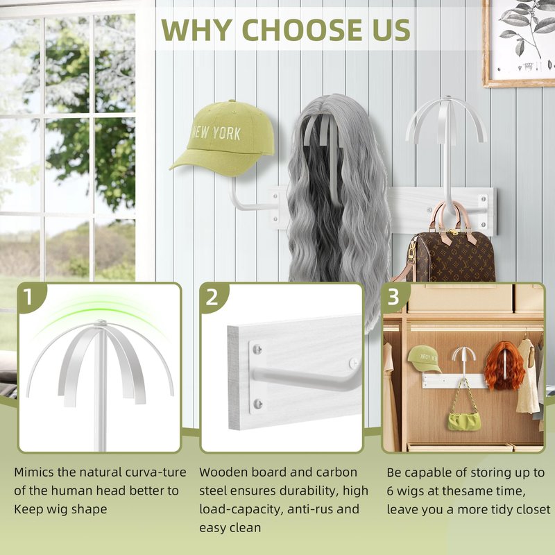 Wig Holder for Multiple Wigs,Sturdy Hanging Wig Storage Organizer, Wall Mounted Wig Hanger Rack, 6 Pcs Wig Stand for Wigs Drying, Styling, Display, Wig Keeper/Storage Solution-Preserving Wig Shape