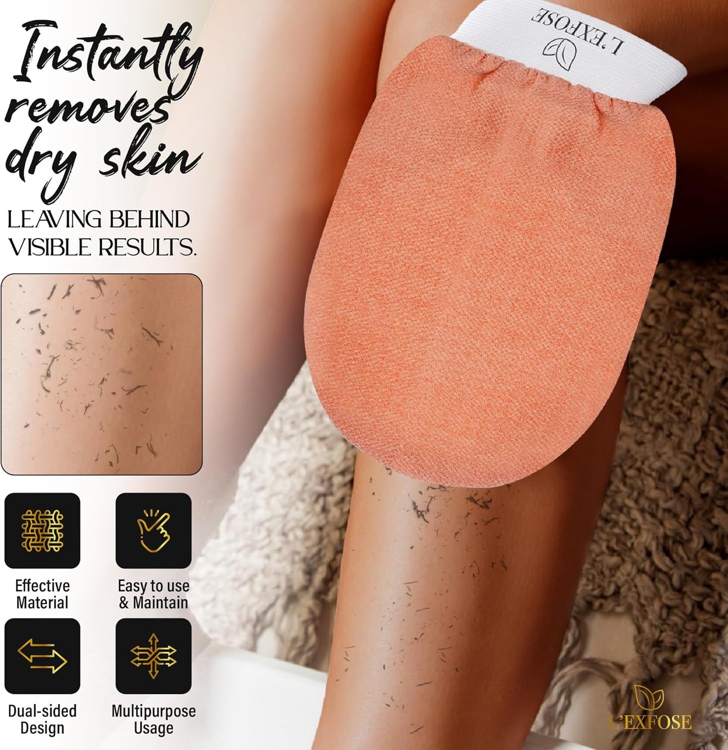 L'Exfose Kessa Hammam Deep Exfoliating Glove 2pc - Korean Exfoliating Mitt for Shower Ideal for Dead Skin Remover, Keratosis Pilaris & Self-Tanning to Improve Skin Tone Made with 100% Natural Viscose