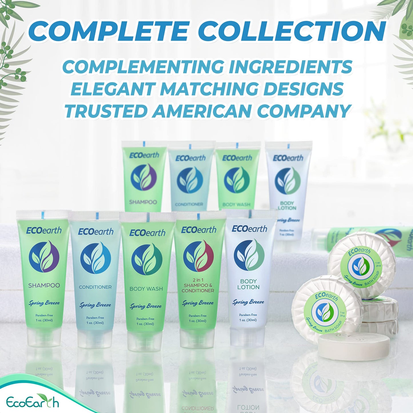 EcoEarth Round Soap Bars, 2in1 Shampoo & Conditioner 2-Piece Set (Spring Breeze, 1 oz each, 100 pc), Delight Your Guests with Revitalizing & Refreshing Hotel Toiletries & Hotel Amenities