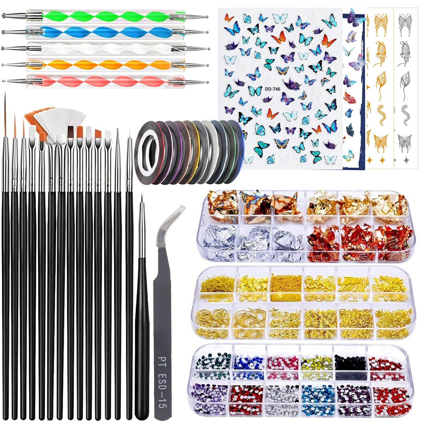 Nail Art Design Tools - 3D Decorations Kit with Brushes, Dotting Tools, Holographic Stickers, Nail Foil Tape, Rhinestones and Pick-Up Tweezers