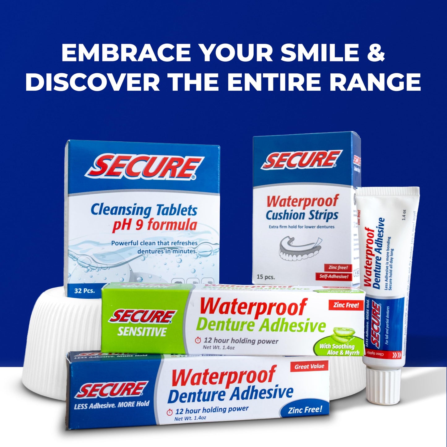 Secure Daily Cleansing Tablets - pH 9 Formula Thoroughly Cleans Dentures - Fights Odors, Stains & Germs - For Dentures, Nightguards, Retainers & Partials - 32 Tablets (3 Pack)