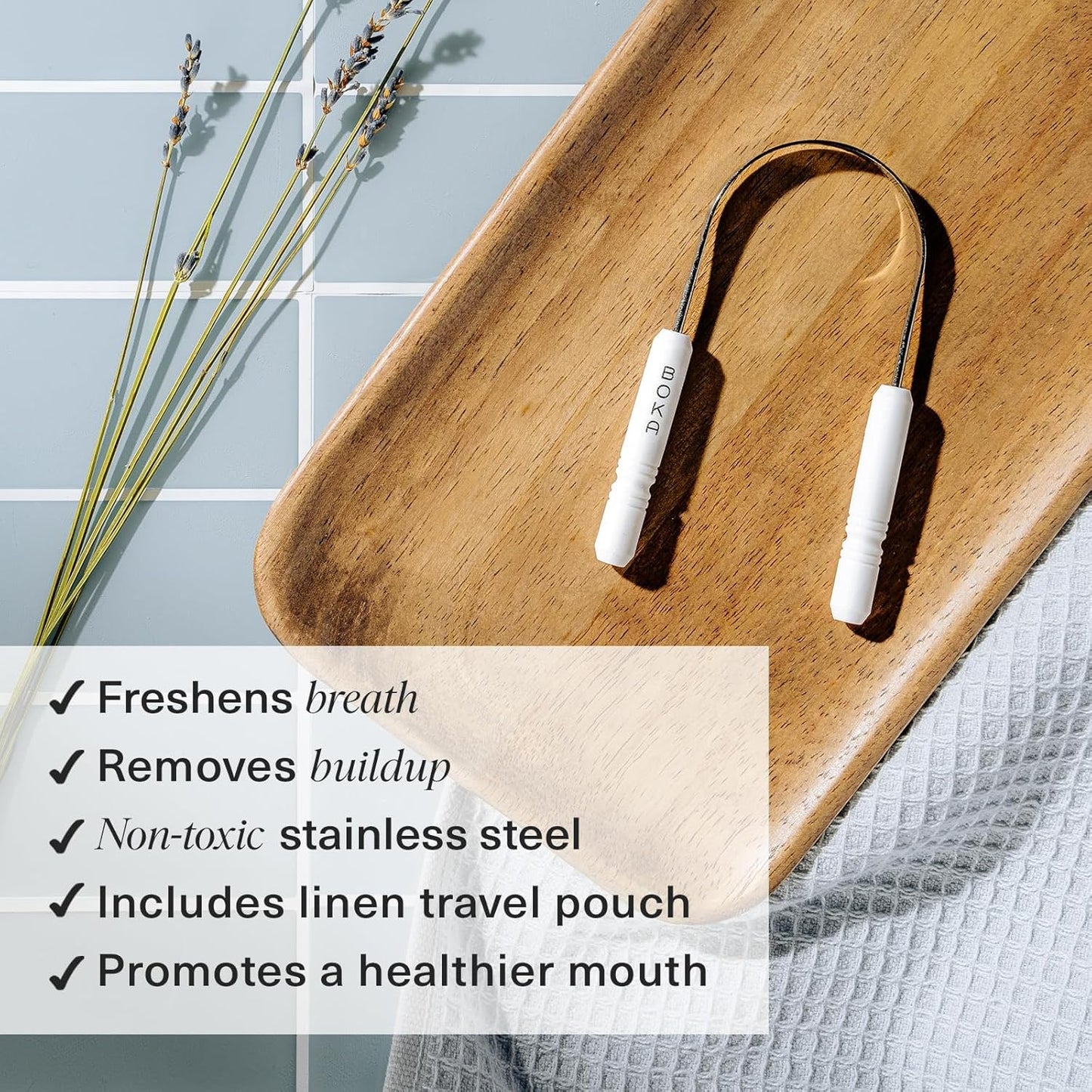 Boka Tongue Scraper for Adults & Kids with Case - Stainless Steel Tongue Cleaner w/Linen Travel Pouch - Scrubber to Remove Tongue Buildup and Freshens Breath (Pack of 1)
