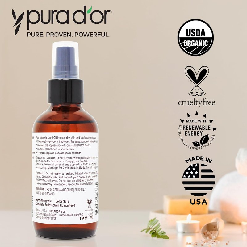 Organic Rosehip Seed Oil Hair Relaxer - 100% Pure Cold Pressed | Anti-Aging & Scar Treatment, 12 Oz