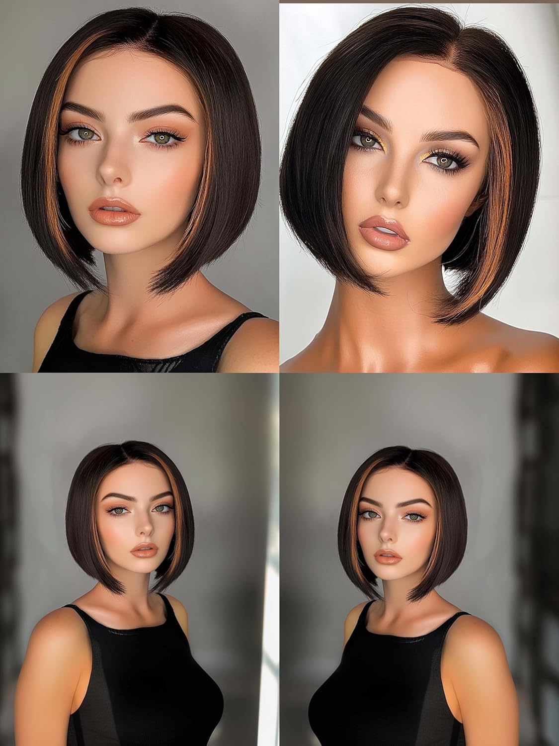 Short Bob Wig - Glueless Human Hair Lace Front Wig for Black Women | Pre Plucked Straight 10-Inch with Brown Streaks