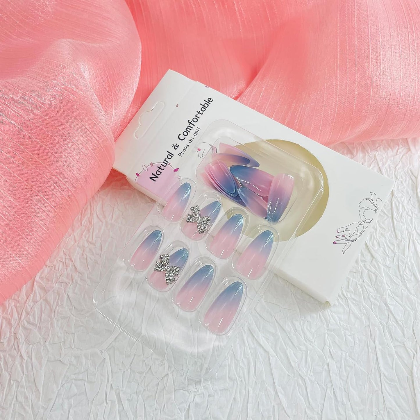 French Tip Almond Press-On Nails with Gold Bow | Reusable Glossy Acrylic False Nails for Women