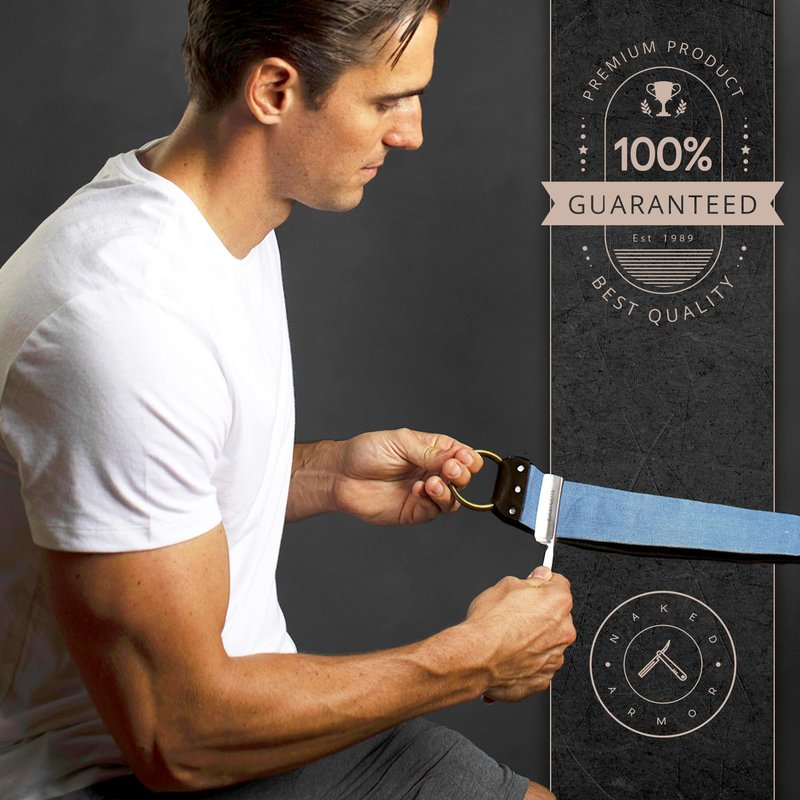 Naked Armor Straight Razor Leather Strop - 2.5" x 15" Cow Leather Razor Blade Sharpener with Brass Hooks, Black