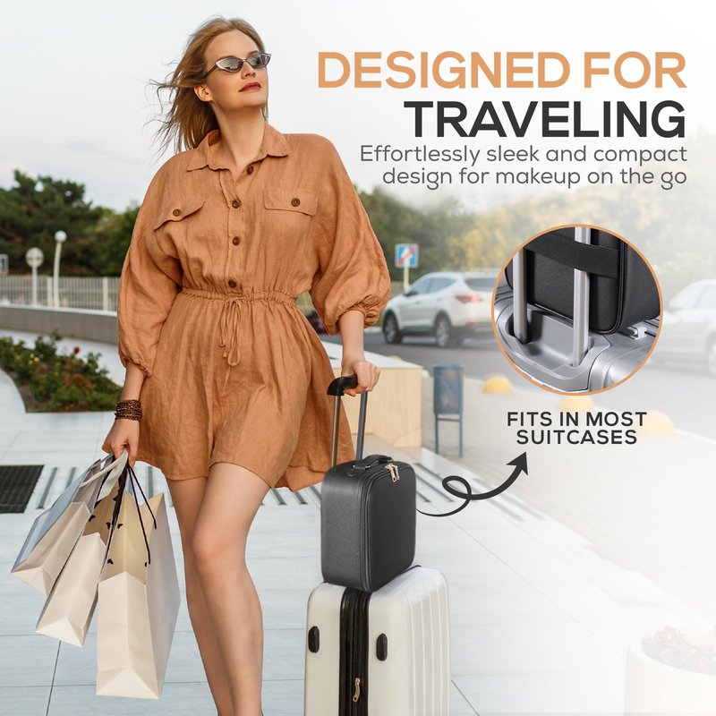 OPULUXE Makeup Bag Detachable LED Mirror With Stand 3 Adjustable Brightness 5x Zoom LED Travel Mirror Portable Cosmetics Case Brush Holder Organizer Adjustable Dividers Faux Leather Waterproof Gift