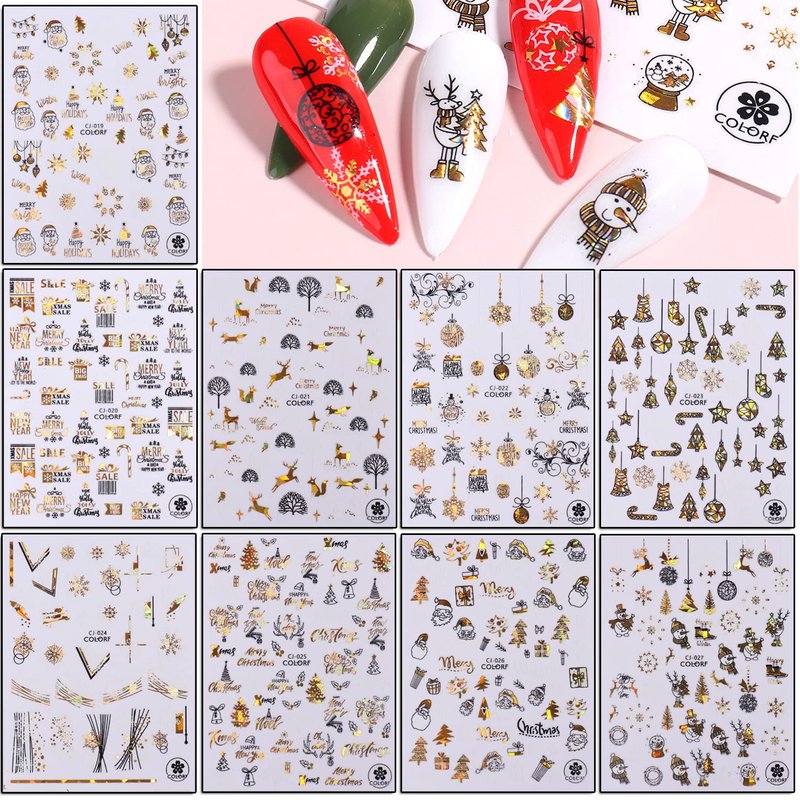 Gold Christmas Nail Art Stickers Decals, Holographic White Snowflake Nail Adhesive Sticker, Xmas Tree Snowflake Snowman Elk Santa Claus Nail Art Decal for Women Girls Manicure Holiday Decorations