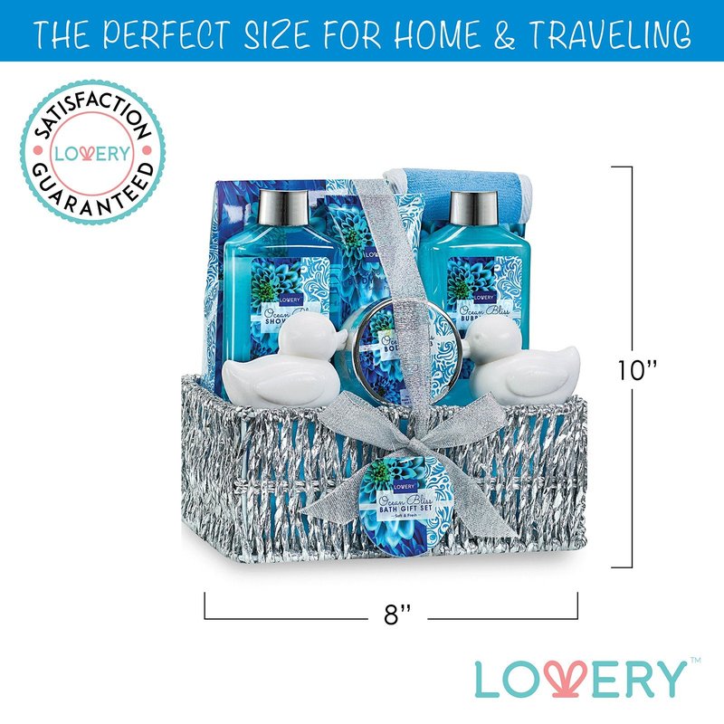 Home Spa Gift Basket in Heavenly Ocean Bliss Scent - 9pc Bath & Body Set - Shower Gel, Bubble Bath, Bath Salt, Body Lotion & more, Wedding, Anniversary, Birthday, Graduation Gift for Women
