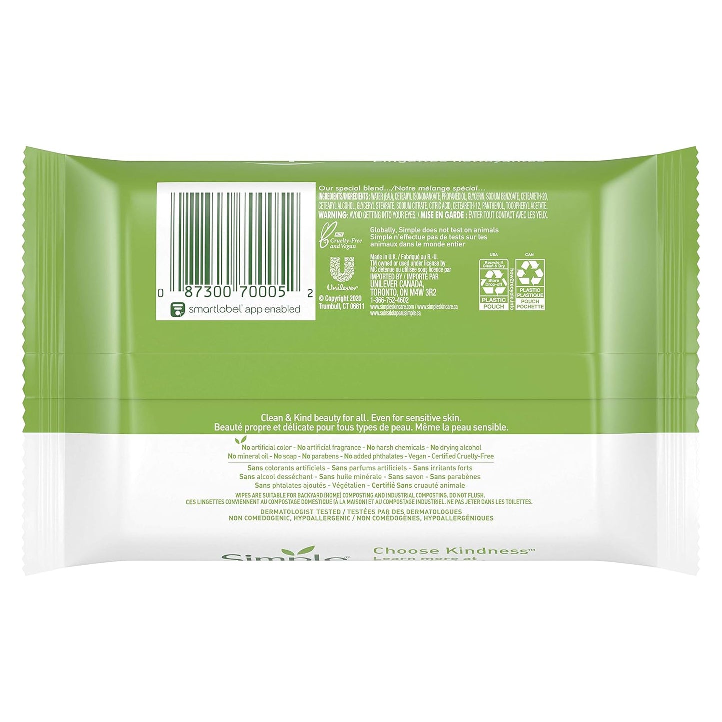 Simple Kind to Skin Cleansing Wipes Micellar Gentle and Effective Makeup Remover Free from color and dye, artificial perfume and harsh chemicals 25 Wipes