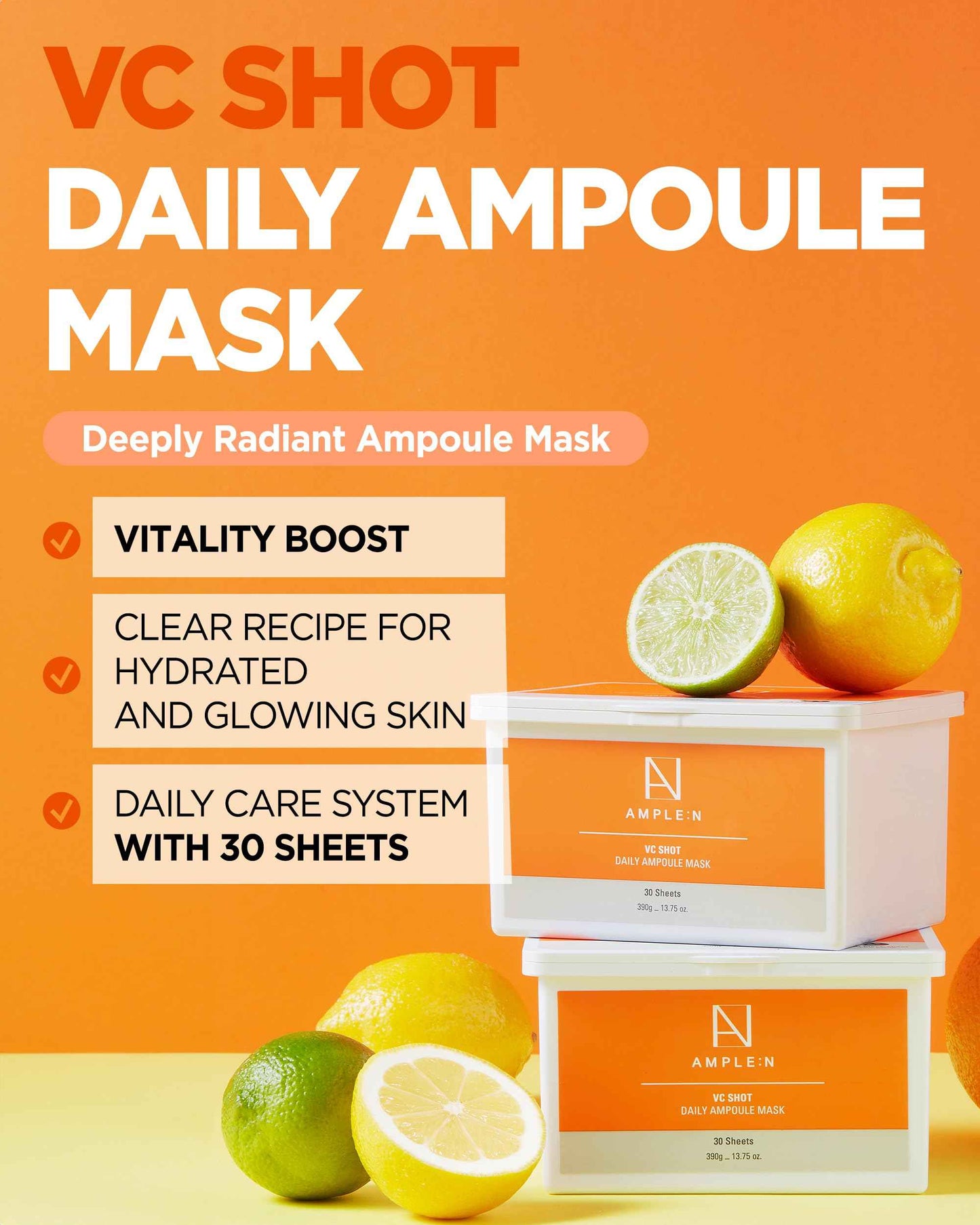 VC Shot Daily Ampoule Mask - Korean Face Sheet Masks with Vitamin C for Radiant Skin Tone Daily Facial Treatment with Niacinamide for Hydration & Complexion Enhancement, 30 Sheets