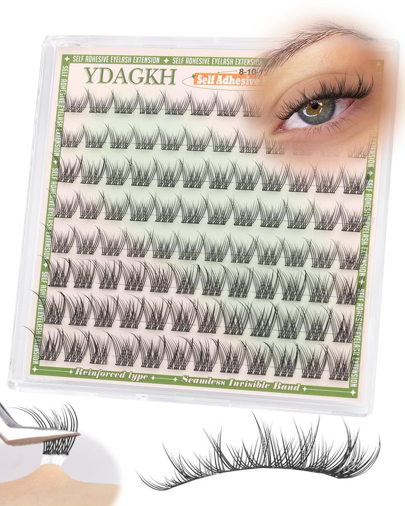 Short Self Adhesive Lash Clusters 8-10-12mm Natural Self Adhesive Eyelashes Pre Glued Individual Cluster Eyelash Extension Ultra-Thin Band Glueless Lashes Wispy No Glue Needed for Clean Beauty