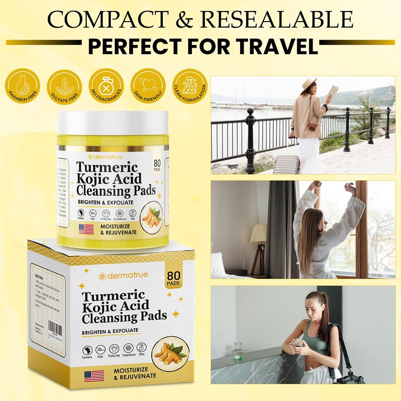 Turmeric Kojic Acid Cleansing Pads For Face Exfoliating And Dark Spots, 80pcs, Brightening, Balance and Moisturize Skin, with Vitamin B, Retinol, Prickly Pear, Olive Oil, Gentle For All Skin Types