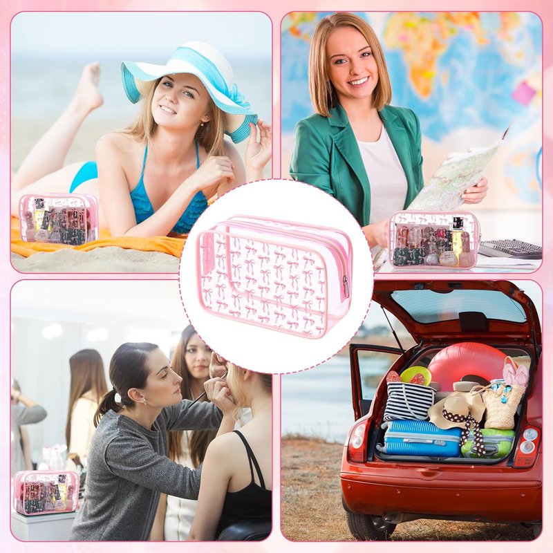 12 Pcs Pink Bow Cosmetic Bags - Clear PVC Makeup Pouches for Travel | Perfect Gift for Women