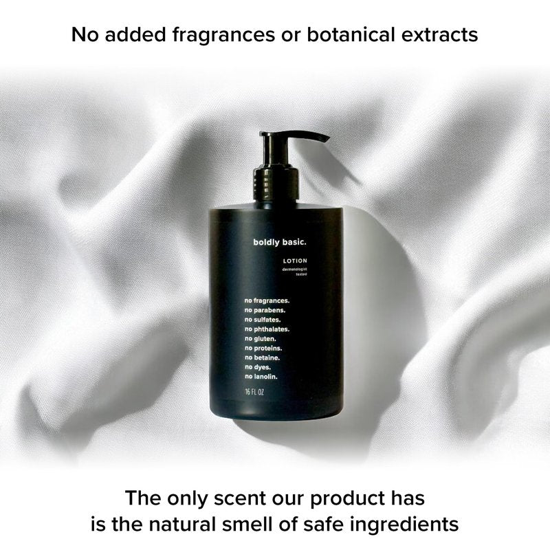 Boldly Basic Fragrance Free Lotion - Moisturizer for Dry and Sensitive Skin - Non Greasy - Unscented - Dermatologist Tested - No Sulfates, Parabens or Gluten - Hypoallergenic & Moisturizing (16 oz)