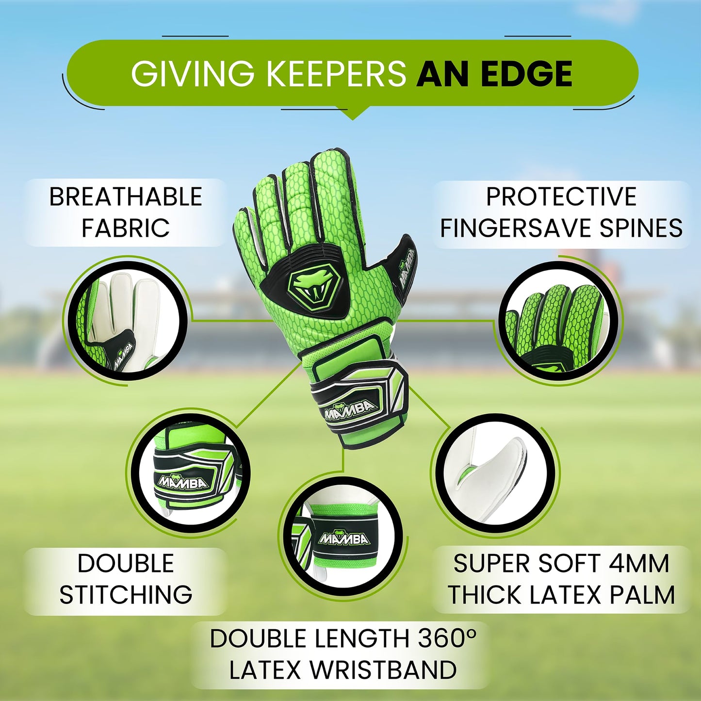 MAMBA Goalkeeper Gloves for Youth & Adult - Premium Quality Latex Palm & Back Hand; Finger Spine Protection & Double Layer Wristband. Goalie Gloves for Men, Women, Boys & Girls (7)