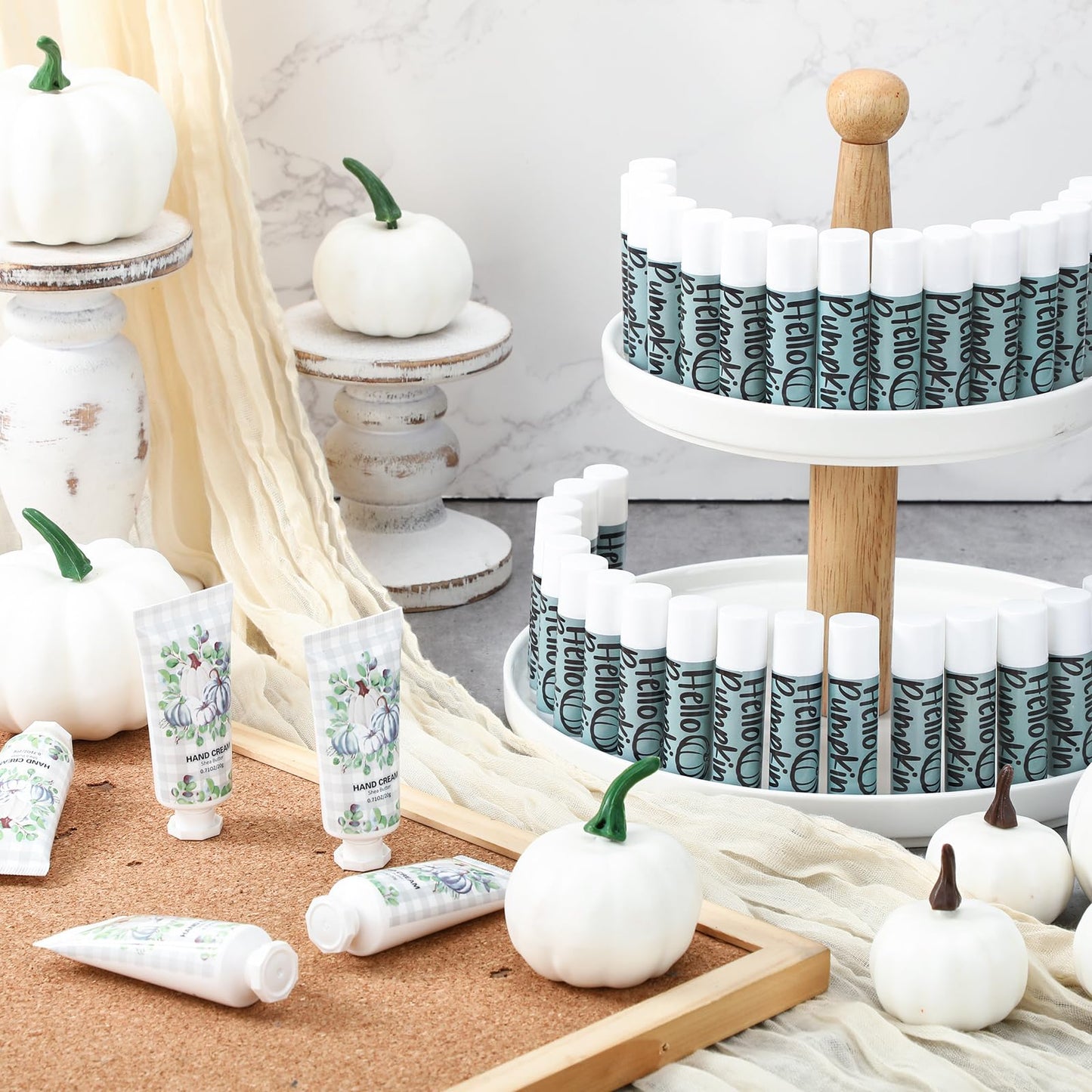 Heigble 144 Pcs Lip Balm Hand Cream Set Party Favors, Include 36 Lip Balm 36 Moisturizing Hand Cream 36 Bags 36 Cards and Ropes for Accessories Gifts(Black and Blue,Pumpkin)